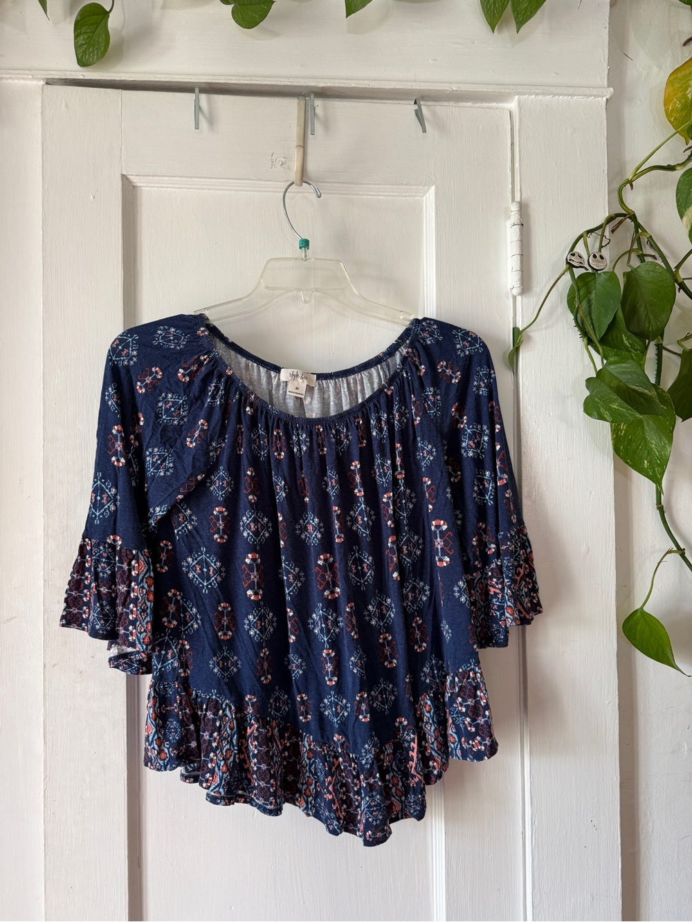 Style & Co. Navy Floral Boho Ruffle Peasant Top